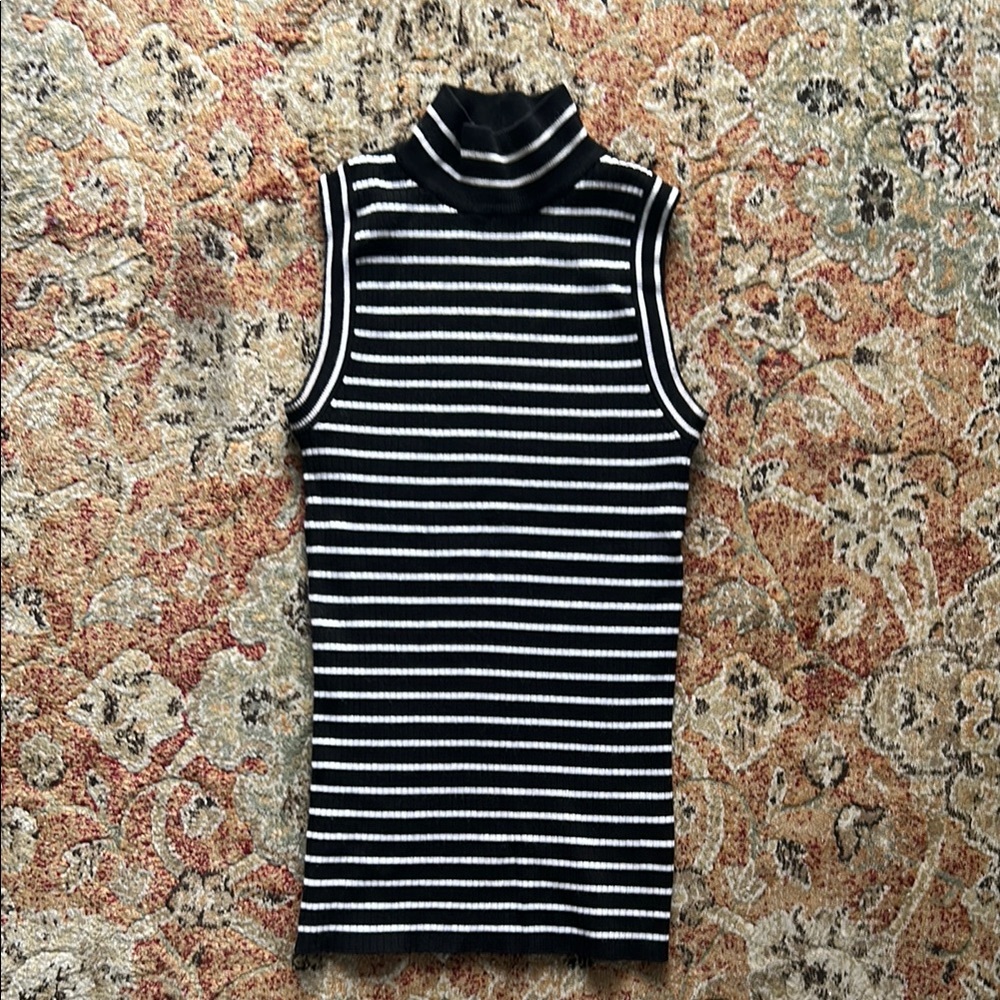 Black and White Striped Sleeveless Turtleneck Top